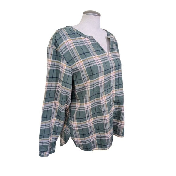 LL Bean Womens XL Whisperweight Flannel Popover Top Sage Green Plaid V Neck - Picture 2 of 6
